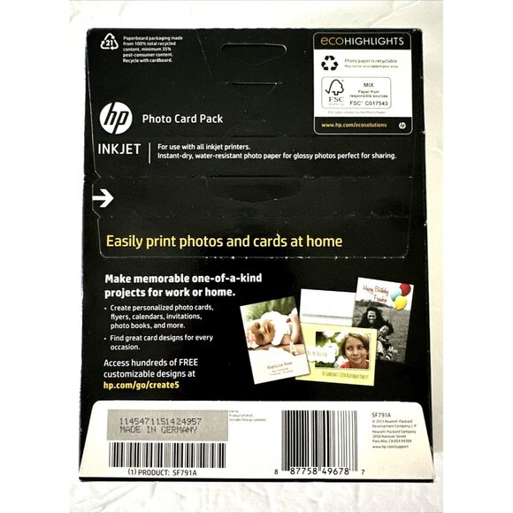 HP Photo Card Set 10 (5x7”) / 5 (4”x6”) Glossy Photo Paper / 10 (5x7”) Envelopes - Picture 2 of 5